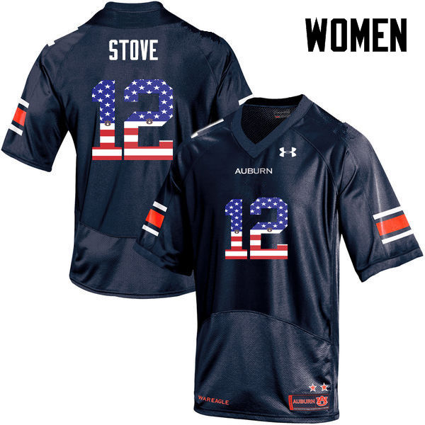 Women's Auburn Tigers #12 Eli Stove USA Flag Fashion Navy College Stitched Football Jersey